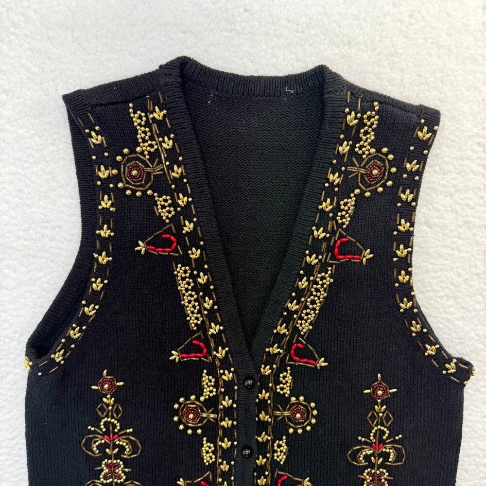 VTG Beaded Sweater Vest Christmas Holiday Teachercore Grandma Womens Black S* - Picture 2 of 15